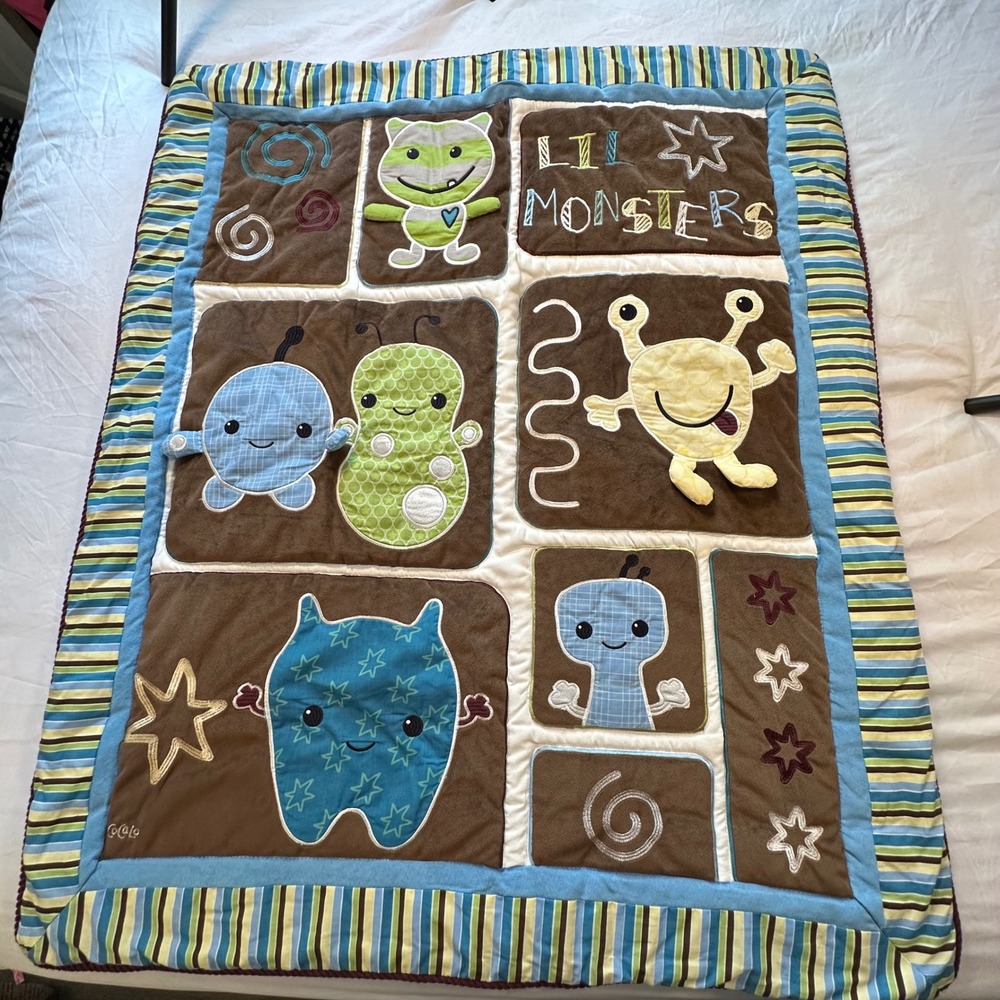 Cocalo Baby Lil Monsters Crib Quilt Blanket Blue Brown Green Striped Plush 42x33